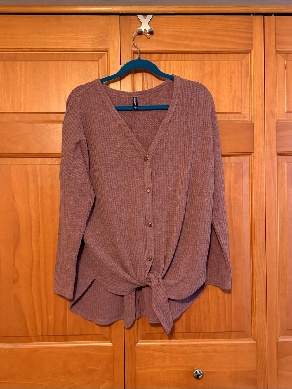 Waffle Knit Tie-Front Button Cardigan - Mauve Brown